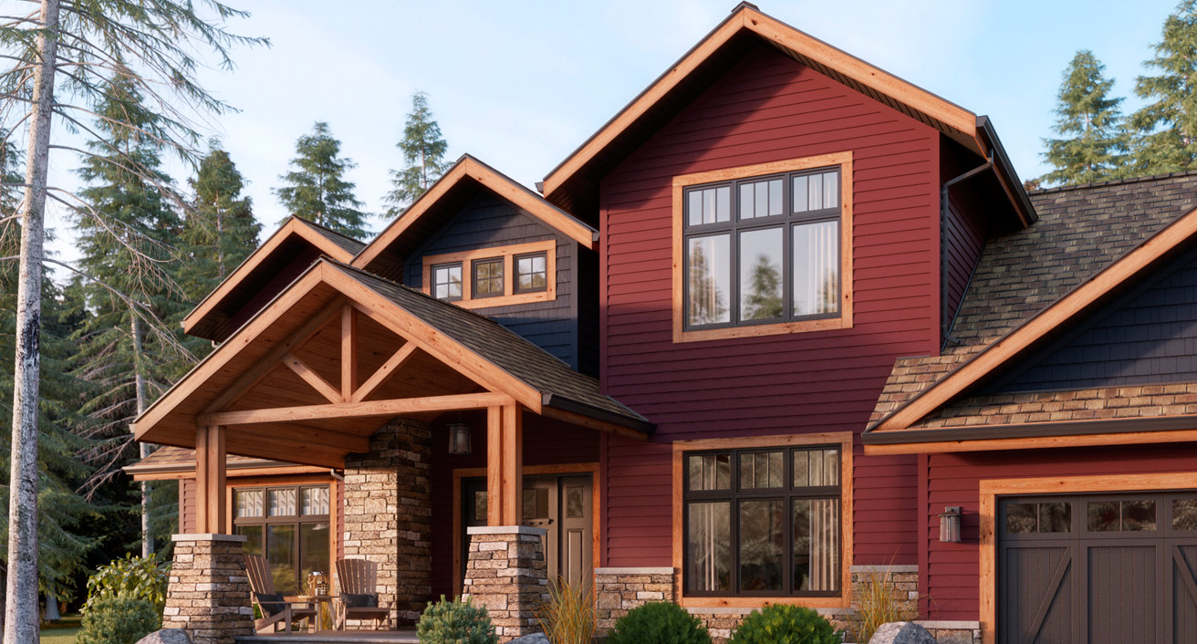 Red siding house with wood trim